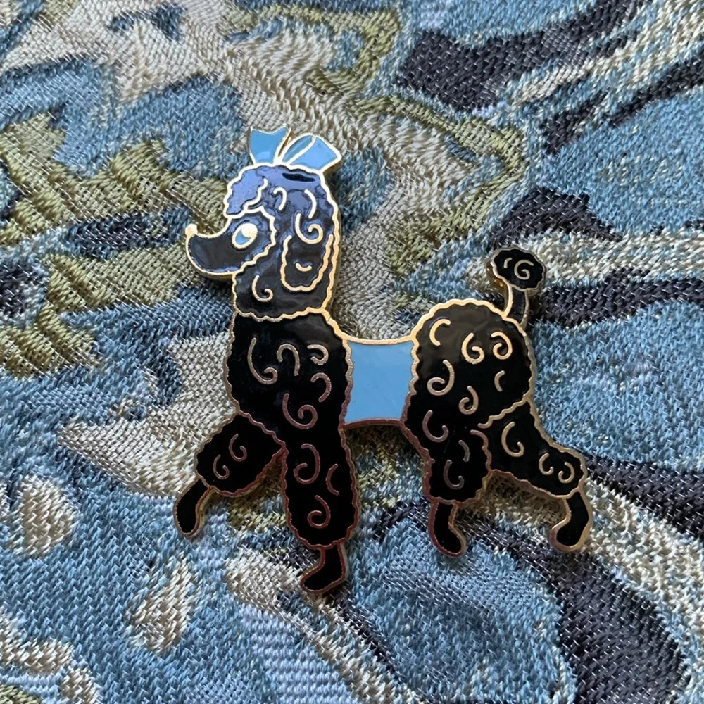 Fancy black French Poodle pin with blue eyes, sweater + bow EUC